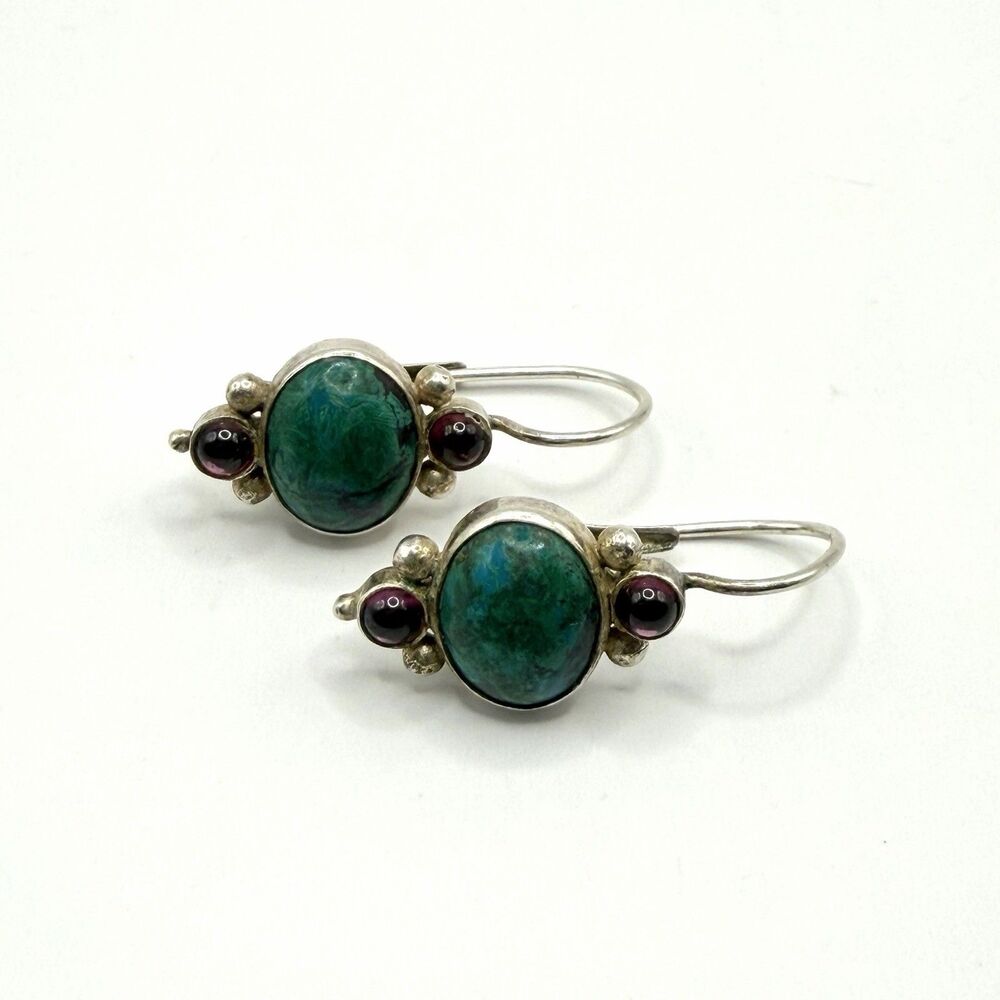 925 Sterling Silver Green Red Stone Cabochon Dangle Earrings 4.5g